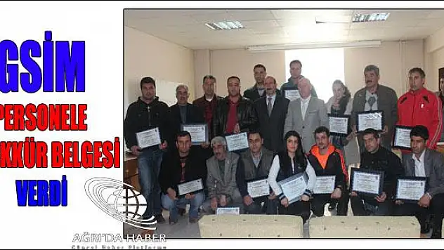 G.H.S.İ.M PERSONELİNE TEŞEKKÜR BELGESİ VERDİ.