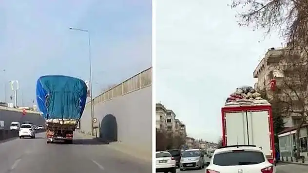 Aşırı yüklü kamyonların tehlikeli yolculuğu kamerada
