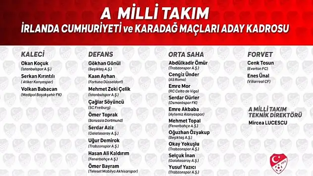 A Milli Futbol Takımı'nın aday kadrosu açıklandı