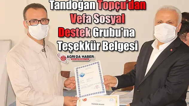 Tandoğan Topçu'dan Vefa Sosyal Destek Grubu'na Teşekkür Belgesi