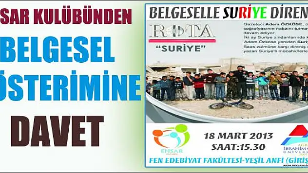 ENSAR KULÜBÜNDEN  ROTA SURİYE  BELGESİNE DAVET