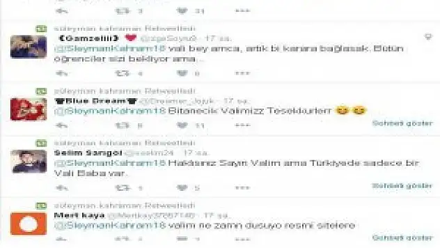 Erzincan valisi Kahraman'a Övgü Dolu Mesajlar