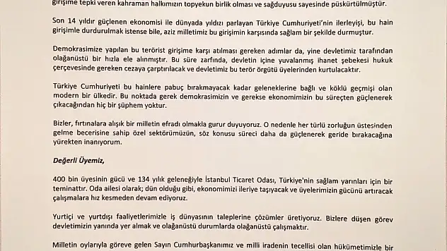 İto'dan Üyelerine 'Milli Birlik' Ve 'Ülke İçin Üretim' Çağrısı