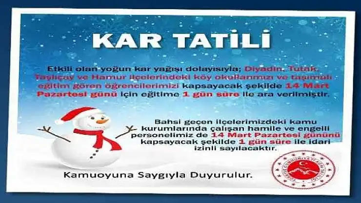 Ağrı'da eğitime kar engeli, 4 ilçede eğitime 1 gün ara verildi!